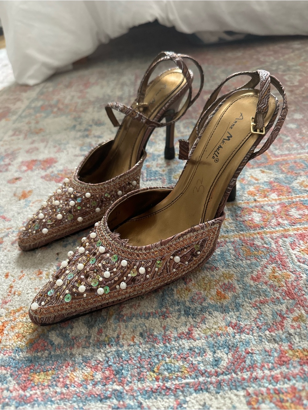 Anne Michelle Rose-Pink Beaded Pointed Slingback Heels